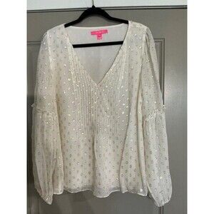 Lilly Pulitzer Cream Colored Long Sleeve Sheer Blouse with Gold Accents Sz 14